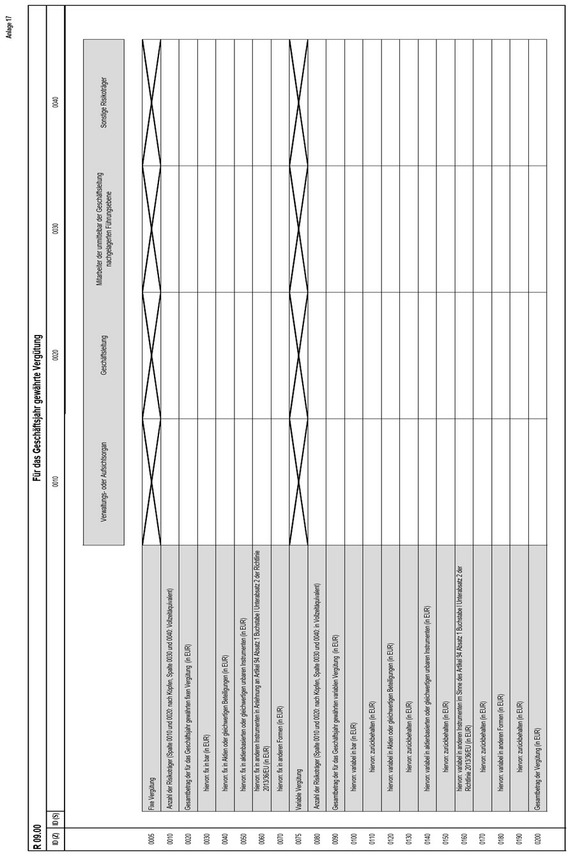 Anlage 17 der Anzeigenverordnung enthält Tabelle R 09.00 mit dem Titel "Für das Geschäftsjahr gewährte Vergütung“. In dieses Formular sind Eintragungen in den einzelnen Zellen nach Maßgabe der einzelnen Zeilen in Relation zu verschiedenen Gruppen von Mitarbeitern vorzunehmen, die sich aus der Bezeichnung der einzelnen Spalten ergeben.