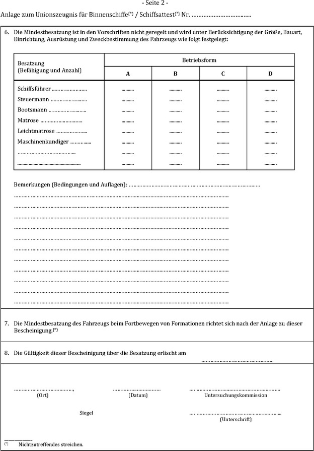 Die Abbildung zeigt das Muster zur Bescheinigung über die Besatzung von Binnenschiffen. Abgebildet ist die Seite 2.