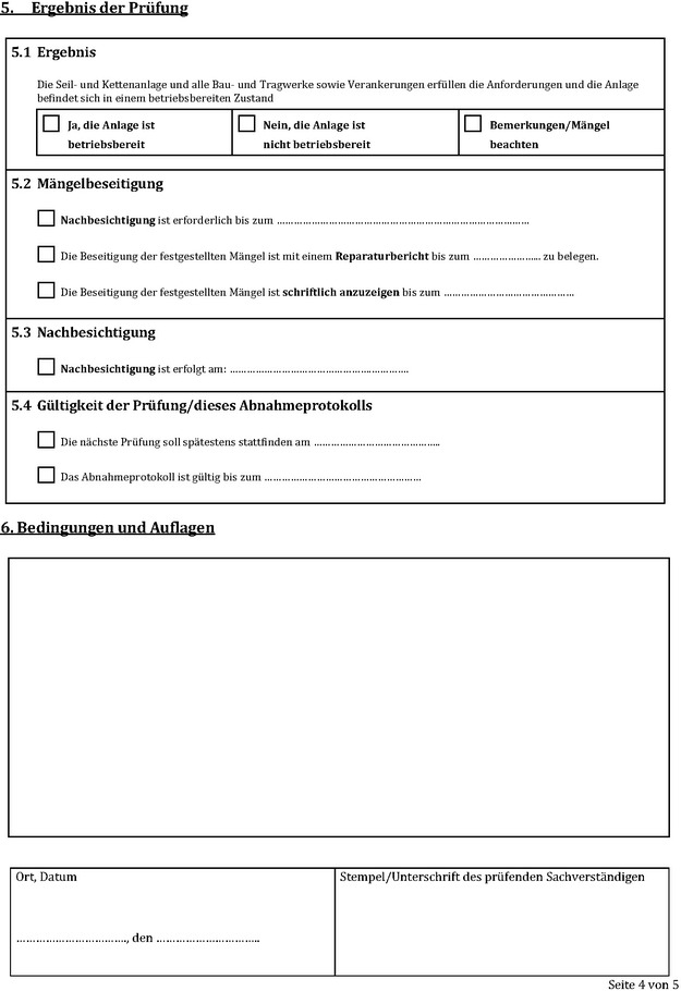 Die Abbildung zeigt das Muster für ein Abnahmeprotokoll zur Prüfung von seil- und kettengebundenen Fähren. Abgebildet ist Seite 4.