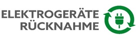 Kreisförmiges grünes Pfeil-Symbol mit dem Begleittext „Elektrogeräte Rücknahme“ zur Kennzeichnung einer Elektroaltgeräte-Rücknahmestelle