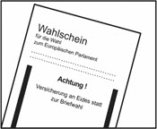 Abbildung eines Wahlscheins mit der Aufschrift (Wahlschein für die Wahl zum Europäischen Parlament“ und darunter nach zwei gestrichelten Linien folgt die Aufschrift „Achtung! Versicherung an Eides Statt zur Briefwahl“