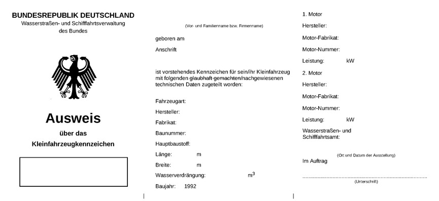 Die Abbildung zeigt das Muster für die Vorderseite des Ausweises über das Kleinfahrzeugkennzeichen.