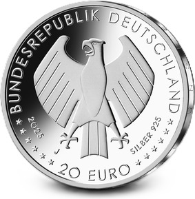 Der zentral platzierte Adler ergänzt das Motiv. Neben dem Adler sind der Schriftzug „BUNDESREPUBLIK DEUTSCHLAND“, die Wertziffer und Wertbezeichnung, das Prägezeichen „J“ der Hamburgischen Münze, die Jahreszahl 2025 sowie die zwölf Europasterne zu sehen. Zusätzlich ist die Angabe „SILBER 925“ aufgeprägt.