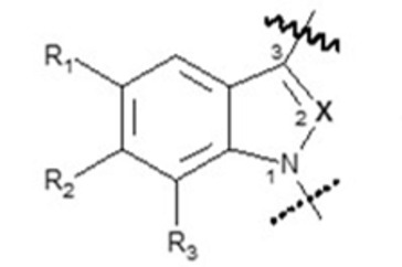 Kernstruktur der chemischen Verbindungen Indol-1,3-diyl beziehungsweise Indazol-1,3-diyl. Die Abbildung wird im Text erläutert.
