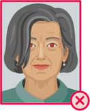 Illustration einer Person, bei der die Haare die Augen verdecken und Rote-Augen-Effekt.